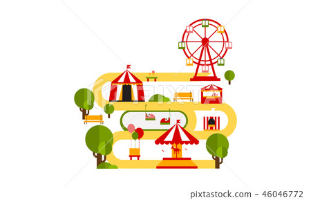 Amusement park attractions, circus tent, ferris wheel, merry go round flat vector Illustration Amusement park attractions, circus tent, ferris wheel, merry go round flat vector Illustration 46046772