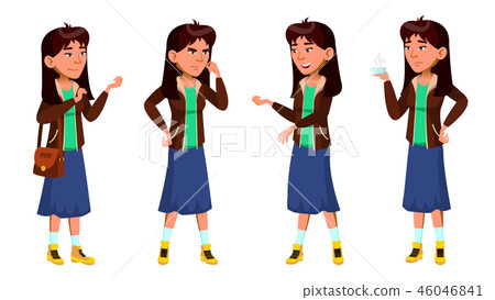 Asian Teen Girl Poses Set Vector. Funny, Friendship. For Advertisement, Greeting, Announcement 46046841