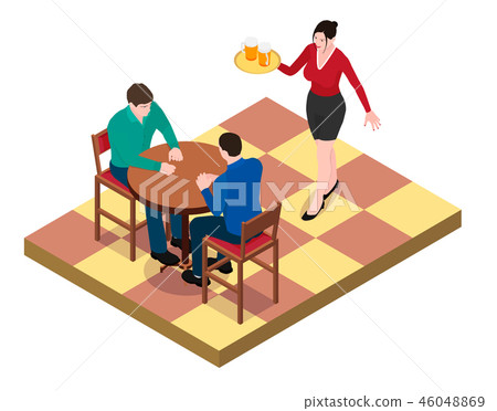 Two men sit at the table and wait for the waitress 46048869