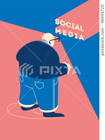 Man using smartphone as a glasses to view blog feed in social media. Man using smartphone as a glasses to view blog feed in social media. 46049729