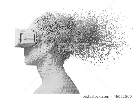 Digital Man Wearing Virtual Reality Glasses Disintegrates On 3D Pixels Isolated On White Background Digital Man Wearing Virtual Reality Glasses Disintegrates On 3D Pixels Isolated On White Background 46051860