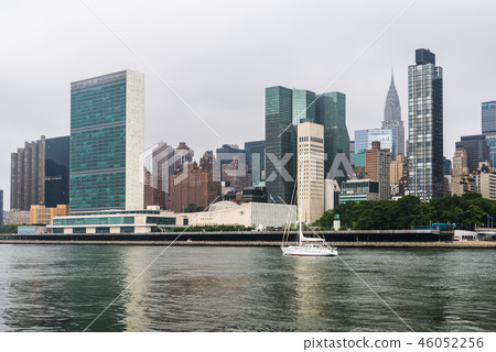 Sailing ship on East River against skyline of New York City Sailing ship on East River against skyline of New York City 46052256