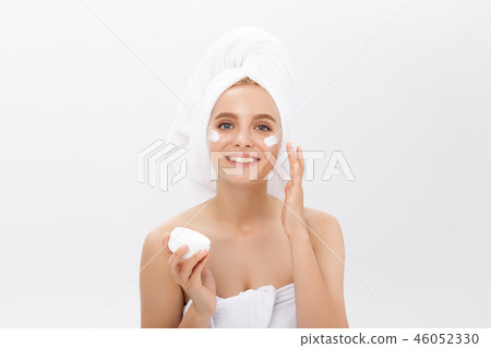 Teenage girl with perfect clean skin, close-up face isolated on white background 46052330