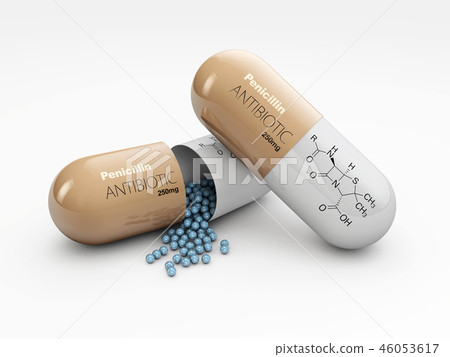 3d Illustration of Pharmacy theme, medicine antibiotic open pill, isolated white 46053617