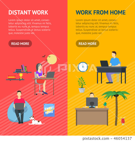 Cartoon Group of Distant Work Characters People Banner Vecrtical Set. Vector 46054137