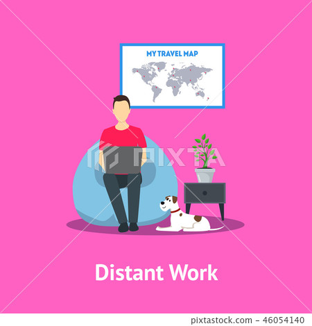 Cartoon Distant Work in Home Card Poster. Vector Cartoon Distant Work in Home Card Poster. Vector 46054140