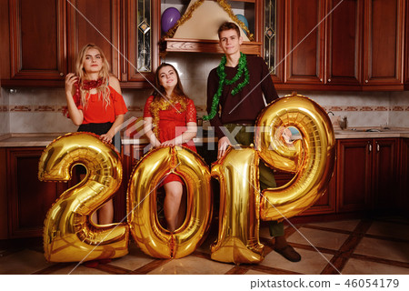 New 2019 Year is coming. Group of cheerful New 2019 Year is coming. Group of cheerful 46054179