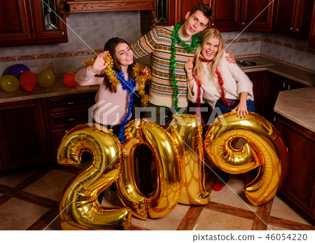 New 2019 Year is coming. Group of cheerful New 2019 Year is coming. Group of cheerful 46054220
