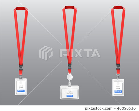 set of ID cards, badges with red lanyards set of ID cards, badges with red lanyards 46056530
