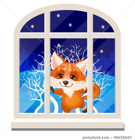 Cute cheerful smiling fox looks out through the... - Stock Illustration ...