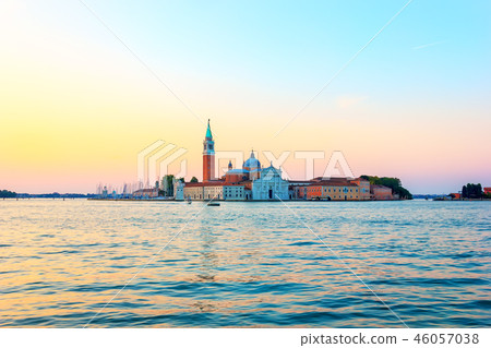 San Giorgio Maggiore island at sunrise, view from the pier near San Giorgio Maggiore island at sunrise, view from the pier near 46057038