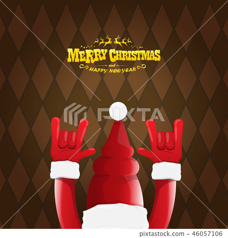 vector cartoon rock n roll Santa Claus character with gold calligraphic greeting text on brown plaid vector cartoon rock n roll Santa Claus character with gold calligraphic greeting text on brown plaid 46057106