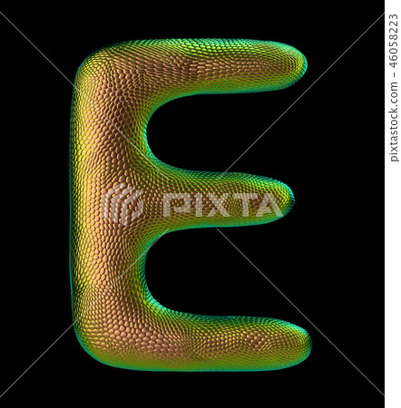 Letter E made of natural snake skin texture gold color. 3D letter render isolated on black. 46058223