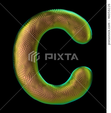 Letter C made of natural snake skin texture gold color. 3D letter render isolated on black. 46058226