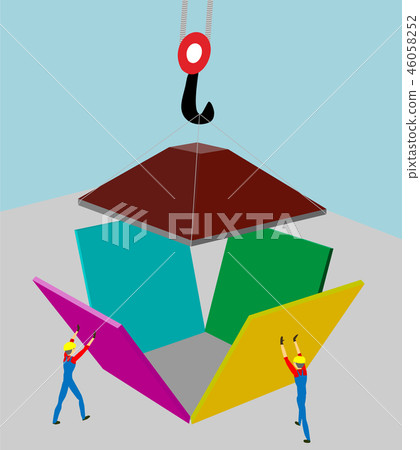 Builders raise the walls of the house. Builders raise the walls of the house. 46058252