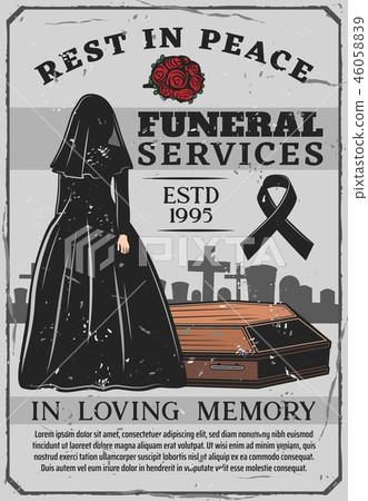Widow and coffin, funeral service, interment Widow and coffin, funeral service, interment 46058839