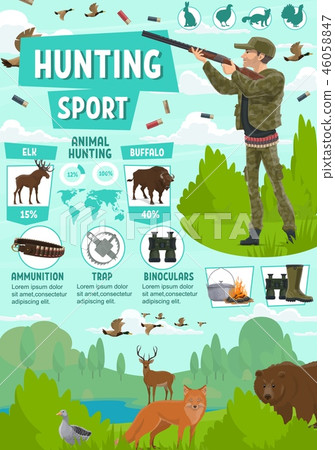 Hunting sport poster with hunter and wild animals 46058847