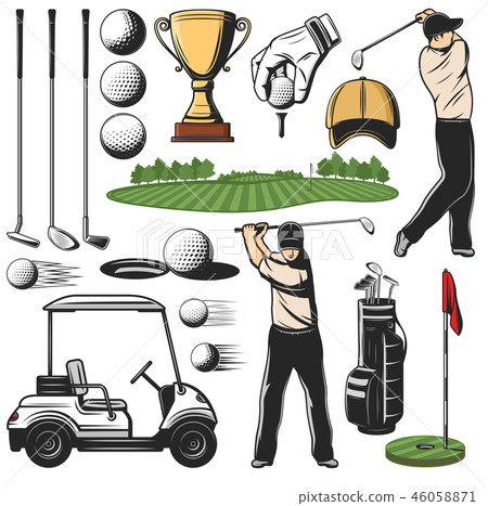 Golf sport items icons and player with play course 46058871