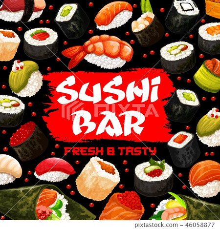 Sushi bar poster with Japanese cuisine of seafood Sushi bar poster with Japanese cuisine of seafood 46058877