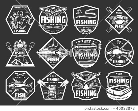 Fishing sport monochrome icons for tackle store Fishing sport monochrome icons for tackle store 46058878