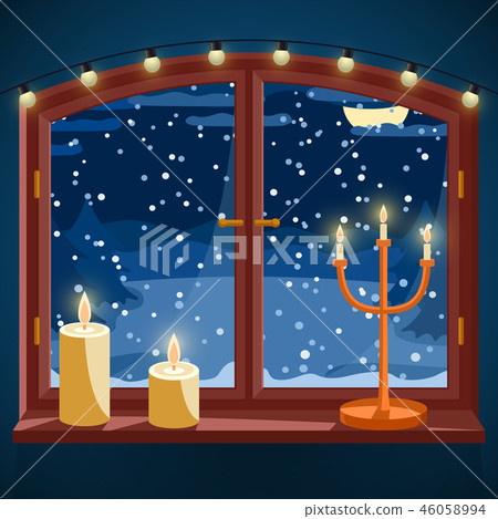 Winter window with candles, candle holder and 46058994