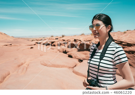 young lady photographer outdoor travel in nature. young lady photographer outdoor travel in nature. 46061220