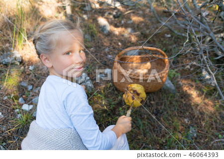 Adorable little girl picking mushrooms in the forest Adorable little girl picking mushrooms in the forest 46064393