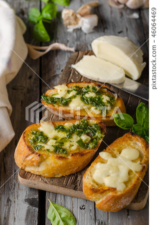 Garlic herbs toast with fresh mozzarella 46064469