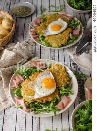 Potato pancakes with eggs and ham Potato pancakes with eggs and ham 46064965