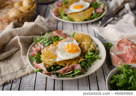 Potato pancakes with eggs and ham Potato pancakes with eggs and ham 46064968