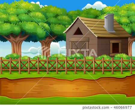 Farm landscape with shed and green plants 46066977