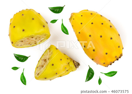 yellow prickly pear or opuntia isolated on a white background decorated with green leaves. Top view 46073575