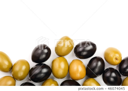 Green and black olives isolated on a white background with copy space for your text. Top view. Flat 46074045