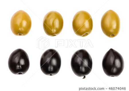 Green and black olives isolated on a white background. Top view. Flat lay. Set or collection Green and black olives isolated on a white background. Top view. Flat lay. Set or collection 46074046