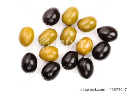 Green and black olives isolated on a white background. Top view. Flat lay Green and black olives isolated on a white background. Top view. Flat lay 46074047