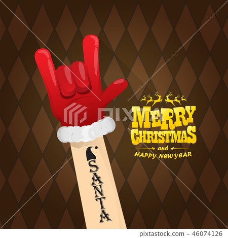 vector cartoon rock n roll Santa Claus character with gold calligraphic greeting text on brown plaid 46074126
