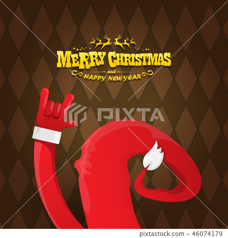 vector cartoon rock n roll Santa Claus character with gold calligraphic greeting text on brown plaid vector cartoon rock n roll Santa Claus character with gold calligraphic greeting text on brown plaid 46074179