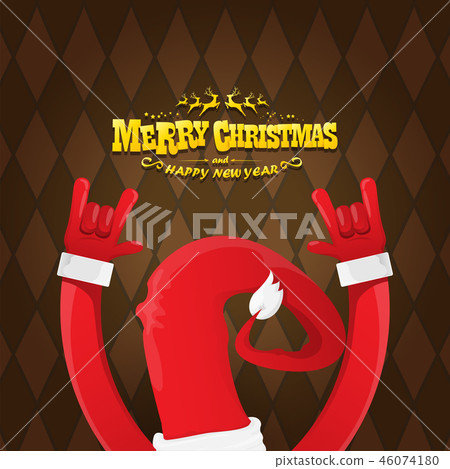 vector cartoon rock n roll Santa Claus character with gold calligraphic greeting text on brown plaid vector cartoon rock n roll Santa Claus character with gold calligraphic greeting text on brown plaid 46074180