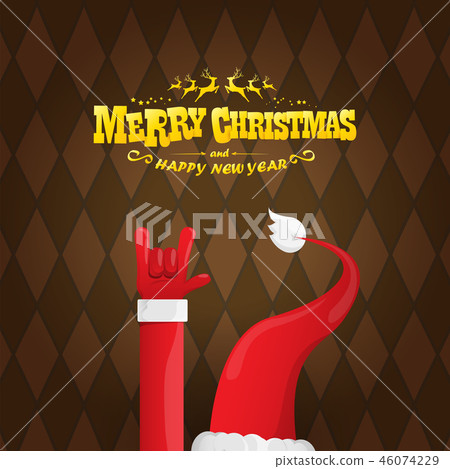 vector cartoon rock n roll Santa Claus character with gold calligraphic greeting text on brown plaid 46074229