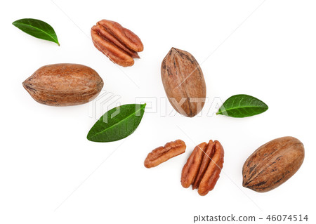 pecan nut decorated with green leaves isolated on white background. Top view. Flat lay 46074514