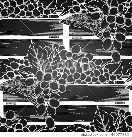 Graphic wooden boxes of grapes decorated with leaves Graphic wooden boxes of grapes decorated with leaves 46077883
