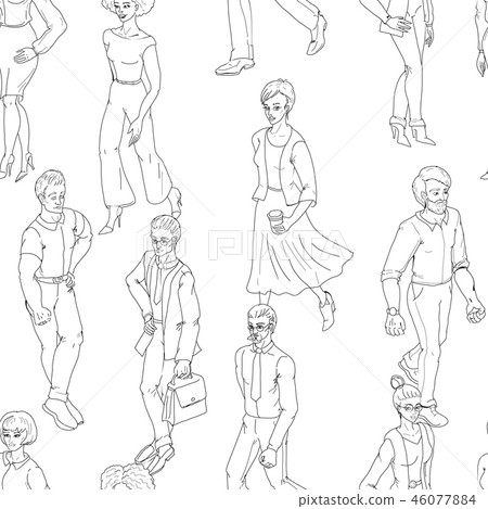 Seamless pattern with business people walking. Sketch style illustration with men and woman. 46077884
