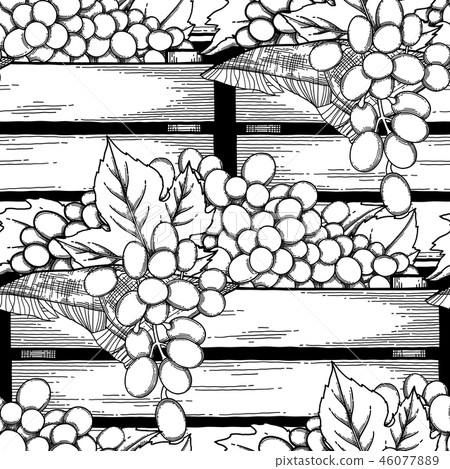 Graphic wooden boxes of grapes decorated with leaves Graphic wooden boxes of grapes decorated with leaves 46077889