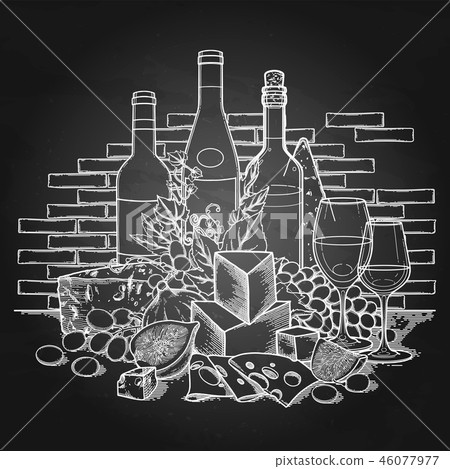 Graphic wine glasses and bottles decorated with delicious food Graphic wine glasses and bottles decorated with delicious food 46077977
