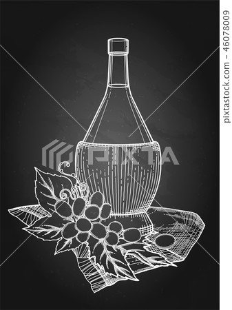Graphic bottle of wine decorated with grape leaves and berries 46078009