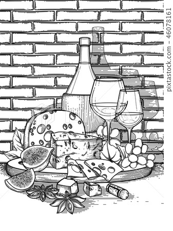 Graphic wine glass and bottle decorated with delicious food Graphic wine glass and bottle decorated with delicious food 46078161