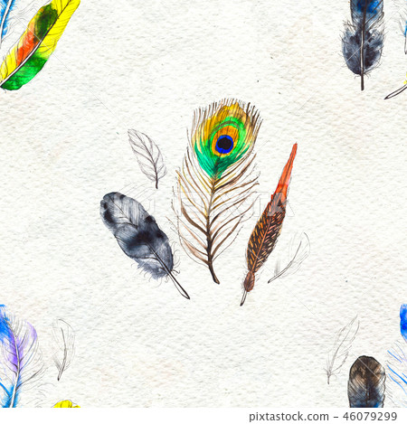 Watercolor feathers seamless pattern. Hand painted texture 46079299
