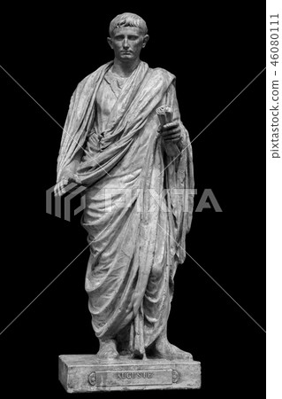 Caesar Octavianus Augustus roman emperor adopted son of Julius Caesar. Isolated statue on black Caesar Octavianus Augustus roman emperor adopted son of Julius Caesar. Isolated statue on black 46080111