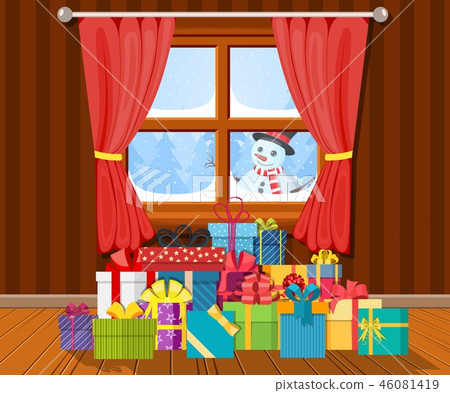 Snowman looks in living room window. 46081419