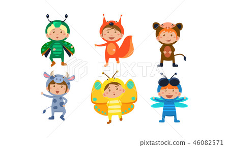 Kids in carnival costumes set, cute little boys and girls wearing insects and animals clothes, fox